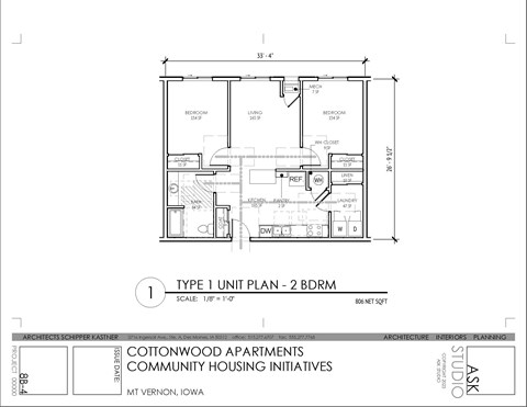 A drawing of a floor plan for a type 1 unit plan by Cottonwood Apartments Community Housing Initiatives.